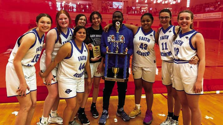 Members of the Faith Academy varsity Lady Knights include Luisa Morrison, Georgia Johnson, Renee Devoke, Rachel Kuespert, Lilly Kuespert, Hayley Gillen, Lilah Vredenburg, Ja’Kasia Ragston and FA Coach Joe Riley. SUBMITTED PHOTO
