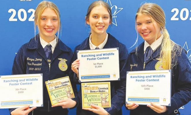 Meagan Demny (7th place, $500), Miranda Muegge (1st place, $1,500) and Paige Demny (12th place, $100) returned to Wallis with a $1,000 prize for having the most finalists in the Wildlife Poster Board contest at the Houston Rodeo over the weekend. CONTRIBUTED PHOTOS