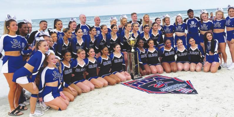The Blinn dance and cheer teams earned high marks in Daytona Beach at the 2021 National Cheer Association &amp; National Dance Association Collegiate Cheer and Dance Championships last Friday. Sealy High School alum Laci Prause (fifth from right standing) helped the cheer team earn second in Advanced Small Coed in the junior college division. CONTRIBUTED PHOTO
