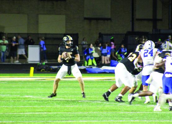 Sealy sophomore quarterback Kane Killough drops back to pass during an earlier contest. Killough returned to Sealy’s lineup just in time as the Tigers are preparing for their playoff opener this Friday. PHOTO BY WILSON CHANEY