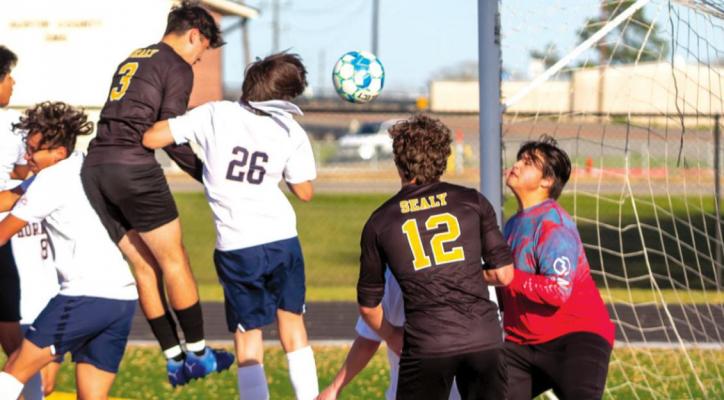 Sealy junior Rodolfo Olivarez puts home his second goal off a throw-in from classmate Tanner Ellis in the first six minutes of last Friday’s Bi-District Championship against Caldwell at T.J. Mills Stadium. COLE MCNANNA