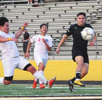 COLE McNANNA Sealy senior Ricky Avila puts a shot on net during the Tigers’ District 20-4A contest against the Houston Harmony School of Discovery last Friday on Mark A. Chapman Field at T.J. Mills Stadium.