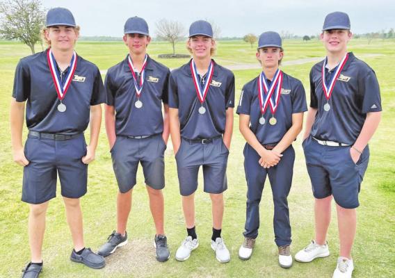 The Sealy Tiger golf team secured a second-place finish at the District 24-4A Championship in Navasota and punched their ticket to regionals. Pictured from the left are Garret Nedd, Jackson Burttschell, Colby Nedd, individual champion Ethan Doyle and Brock Montier. CONTRIBUTED PHOTOS