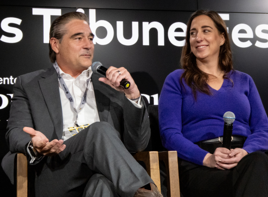 District Attorneys Sean Teare of Harris County and Sarah Stogner of Ward County answer opening questions during the 'For the Prosecution' panel, Saturday, Nov. 15, during the Texas Tribune Festival in Austin.