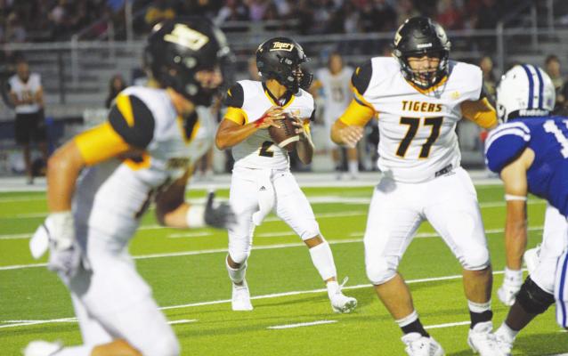 Sealy junior quarterback D’vonne Hmielewski drops back to pass with blood on his hand during the Tigers’ non-district game against Navasota on the road Sept. 3. MATT YBARRA/NAVASOTA EXAMINER