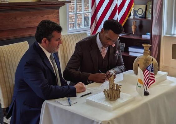 : Ambassador of the Republic of Cyprus in the United States Evangelos Savva and FBI International Operations Division Section Chief David Lewis at the repatriation ceremony in Washington, D.C., on Aug. 4.