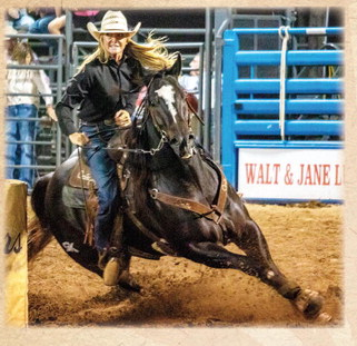 Kenna Kaminski, of Bellville, leans with her horse around the last barrel during the barrel racing event in the Austin County Fair PRCA Rodeo, Friday, Oct. 10, in the Koerth Arena. PHOTOS BY SEALY NEWS | ALLISON DRINNON