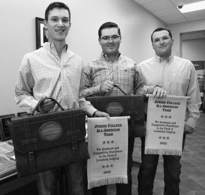 From left: Grant Kubala, Owen Seidenberger, and Lane Hogan, members of the Blinn livestock judging team, have been named All-Americans.