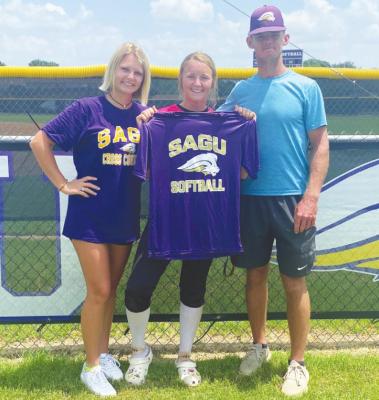 Brazos High School rising senior Makinzy Kneip made her verbal commitment to play softball for the Southwestern Assemblies of God University Lions in Waxahachie next year. She was joined by sister Maddie, left who will attend SAGU this fall, and brother Kaden, right, in celebrating the occasion. CONTRIBUTED PHOTO