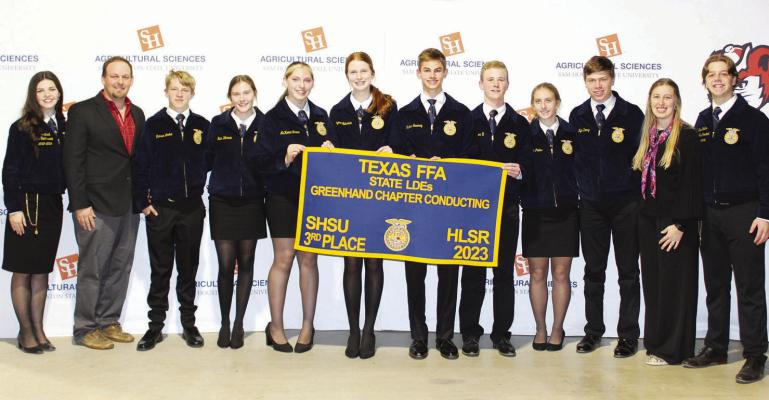 Brazos FFA placed 3rd in the Greenhand Chapter Conducting Contest. Team members included Hunter Sweeney, Margaret Richardson, McKenna Stroud, Carson Grobe, Joseph Wilson II, Blair Warren, Madison Pailes, and Kyle Demny. Advisors: Graham Borden, Brittney Gardovsky and Baylee Adams. COURTESY PHOTO