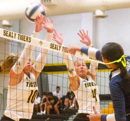 Two players that have been key additions to the Lady Tigers varsity program this year are Jade Barton (10) and Avery Grigar (4). Both have provides strong net play for the Lady Tigers this year. Sealy will take on Crawford this Friday at home. Photo by Jimmy Galvan