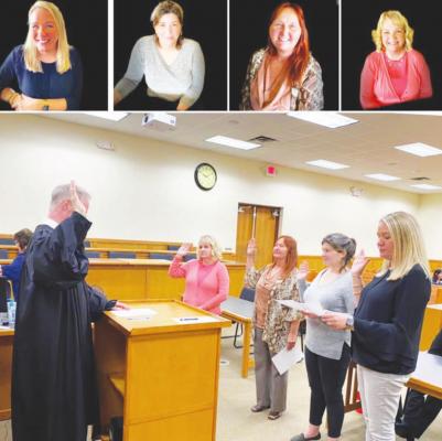 Four community members were sworn in as volunteers of CASA for Kids of South Central Texas Feb. 22 at the Austin County Courthouse by Judge Dan Leedy. At the top, from the left, are Erika Jasinski of Brenham, Sarah Cook of Weimar, Cheryl Harvey of Magnolia and Cathy Dobbs of Hempstead. CONTRIBUTED PHOTO