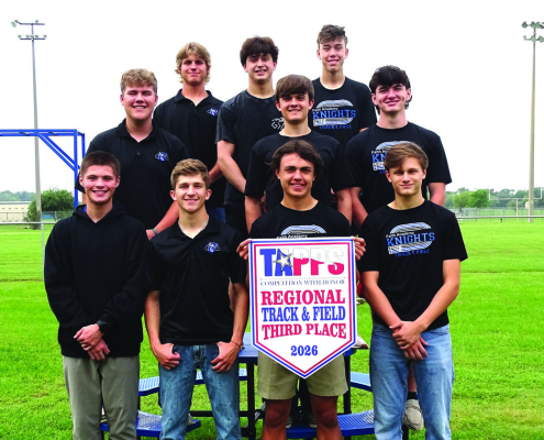 Faith Academy’s varsity boys track team was awarded third place at the TAPPS Regional Track &amp; Field meet on April 24 at New Braunfels Christian Academy. Those who participated in the meet are pictured: from left, back Anthony Best, Kelton Galle, Joshua Stark, Ethan Stegent, Gage Wilson, Jackson Dunn. From left, front: Quinton Moore, Jackson Graham, Brody August, Cody Martin. COURTESY PHOTO
