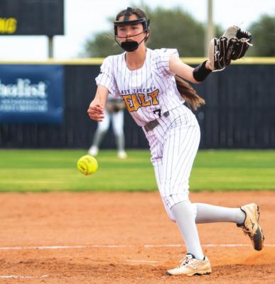 Sealy sophomore Haylie Eder fires a pitch during the Lady Tigers’ districtopening contest against Navasota at home Monday, March 14. COLE McNANNA