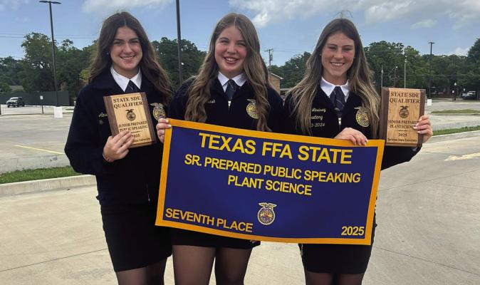 News from Stephenville /Tarleton at the Texas FFA speaking development event. Alana Lindsay wraps up her competitive FFA career with an amazing 7th place in the state plant science division. Ainsley Oliver won the title as State FFA champion in the Jr prepared SDE and along with the big banner. Atalie Petrash coaches and supports, wins as hype man for Sealy FFA speakers. COURTESY PHOTO