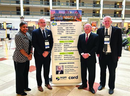 From left: Assistant Dean for Social Sciences Shonda Whetstone; Dean for Social Sciences Brandon Franke; Vice Chancellor for Applied Sciences, Workforce and Economic Development Jay Anderson; and Department Head Robert Stanberry represent Blinn at the National Career Pathways Network Conference held in Austin, Feb. 26-28.