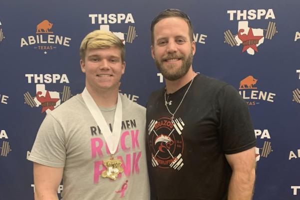 Brazos junior Kasey Zientek captured the state championship in the Class 3A 220 lb. Division at the State Texas High School Powerlifting Meet. In route to the victory, Zientek set a personal record in all three lifts; Squat – 650; Bench – 455; Deadlift – 605 for a total of 1710. Zientek beat his competitors by 25 pounds. Zientek is pictured with Brazos Powerlifting Head Coach Lawson Hartwick. CONTRIBUTED PHOTOS