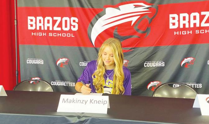 Brazos senior Makinzy Kneip signed her National Letter of Intent to play softball at Southwestern Assemblies of God University in Waxahachie at a signing ceremony Nov. 8 at the high school. CONTRIBUTED PHOTOS