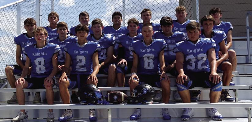 The 2025 Faith Academy Knights, Kelton Galle (back left), Riley Heyman, Dyllan Olivares, Wyatt Davis-Peel, Anthony Best, Jackson Dunn, Ryan Miglicco (middle left), Graham Jackson, Michael Wilson, Coley Haley, Elias Perez, Brody August, Michael Satterwhite (front left), Joshua Stark, Gage Wilson and Garrett Lloyd. COURTESY PHOTO