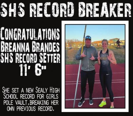 On the high school circuit, Breanna Brandes increased her own pole vault school record with a vault of 11’6” at the Calhoun Relays last week. Brandes set the school record two years ago as a freshman with an 11-foot vault at the Area Championship in Sealy April 18, 2019. (Contributed photo)