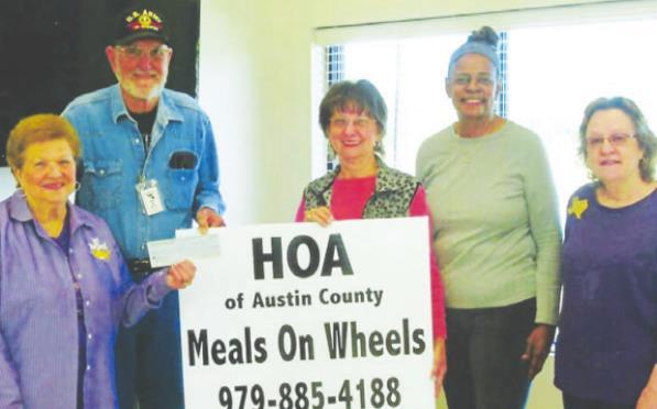 The Frydek Catholic Daughters of the Americas donated to the HOA of Austin County – Meals on Wheels program. Court Our Lady of Faith #2607 is represented by Treasurer Doris Sodolak, left, and Regent Cathy Ondruch, right. Accepting the check are Terry Ashorn, Carolyn Bilski and Cookie Curry. COURTESY PHOTOS