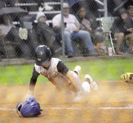 Blaine Fink slides into home plate to score a run for the Tigers. CITIZEN | EVAN HALE