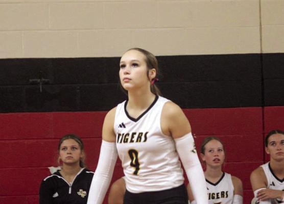 Hayley Sodolak keeps her eyes on the play before setting the ball up to be spiked. SEALY NEWS | EVAN HALE