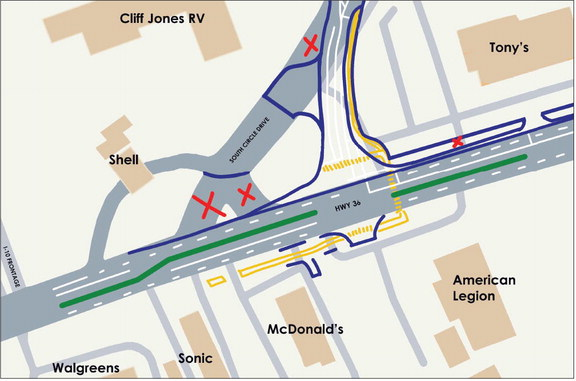 TxDOT will construct a new intersection with a traffic signal to connect South Circle Drive and Highway 36. ILLUSTRATION BY THE SEALY NEWS, ALLISON DRINNON | SOURCE: GOOGLE MAPS, TEXAS DEPARTMENT OF TRANSPORTATION AND CITY OF SEALY
