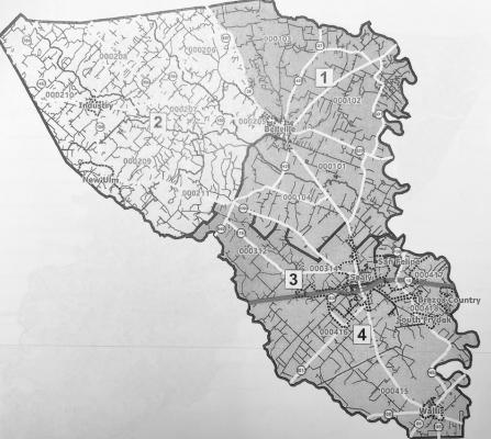 Existing Commissioners Court precincts and voting districts in Austin County. COURTESY AUSTIN COUNTY COMMISSIONERS COURT