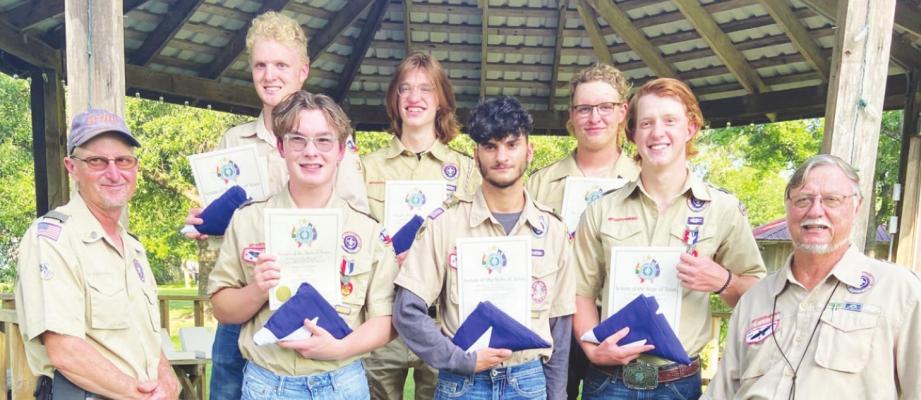 Garrison Rutledge, Julian Gaitley V, Lee Michalik, Hunter Schumann, Cody Michalik and Dustin Swonke were honored to receive Texas Flags that were flown above the State Capitol. Also pictured are Scoutmaster Kenneth Thuessen, right, and Assistant Scout Master Mark Swonke, left. CONTRIBUTED PHOTO
