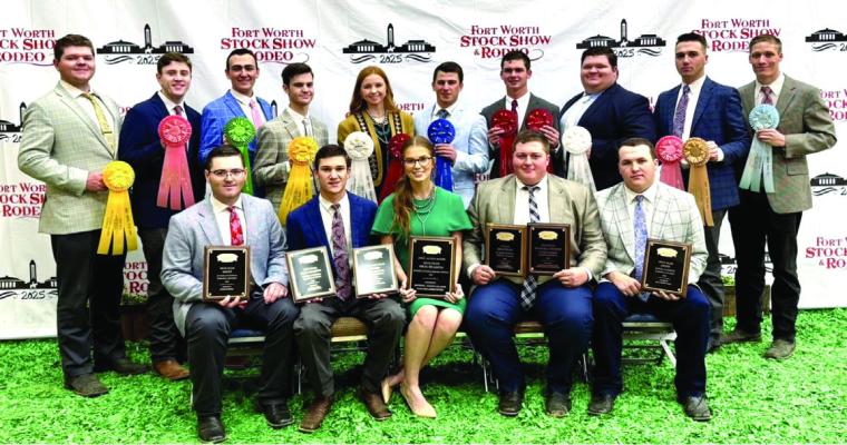 Blinn was the top team at the Fort Worth Stock Show and Rodeo’s junior college livestock judging contest. Members of the sophomore team were (back, from left) Jakob Sansom, Grayson Oliver, Lane Higbie, Riley Huser, Shelby Cones, Cayl Doise, Benjamen Isaacks, Landon Kelley, Cash Dean, and Cole Monroe; and (front, from left) Owen Seidenberger, Grant Kubala, Maggie Brumnett, Maddox Hartmann, and Lane Hogan.
