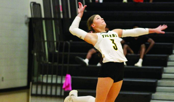 Sealy junior Karly Kram serves a ball during the Lady Tiger’s win over Harmony-Sugarland.