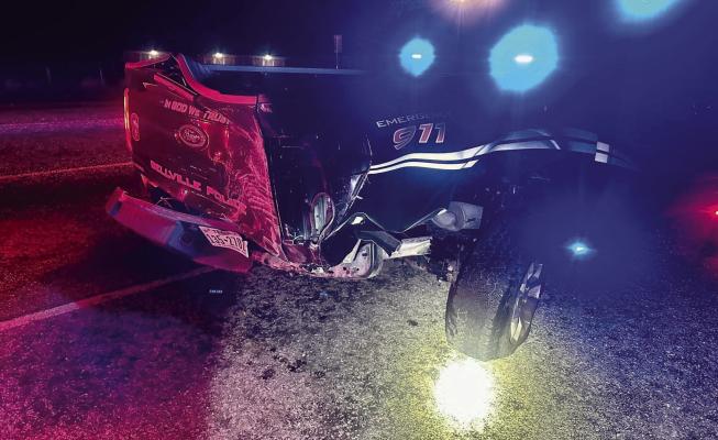 The rear of a Bellville Police truck suffered damage after being hit during a police chase early Sunday morning. The officer suffered minor injuries. The suspect was airlifted from the scene. COURTESY PHOTO