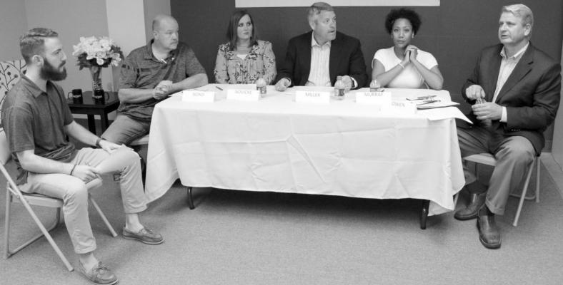 The Sealy News hosted candidate forums ahead of the May 2019 election and broadcasted them live on Facebook. This year’s forums are scheduled for the last three weeks of March. Pictured answering questions from moderator Cole McNanna are 2019 Sealy ISD Board of Trustees candidates Ralph Bond (Place 2), Kristen Novicke (Place 1), Bradley Miller (Place 1), Lakisha Murray (Place 2), and Brian Owen (Place 2). FILE PHOTO