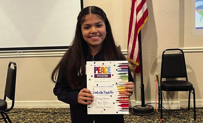 Sealy’s Isabella Badillo won the Lions Club Peace Poster contest for District 2S5. Badillo, 12 and in seventh grade, now advances to the Lions Club state competition. COURTESY PHOTO