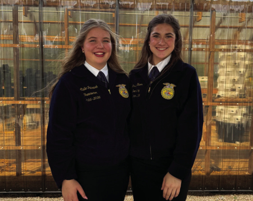 Sealy FFA at the Bluebonnet district FFA convention and speaking contest last week. Atalie Petrash, left, was elected district President 26-27 while Ainsley Oliver, right, was elected District Treasurer 26-27. COURTESY PHOTO