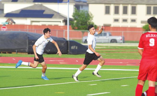 Tiger sophomore Amador Lopez celebrates his first-half score in the regional semifinal playoff game against Splendora at Cy Park High School April 6. Lopez was one of Sealy’s two first-team all-district honorees.