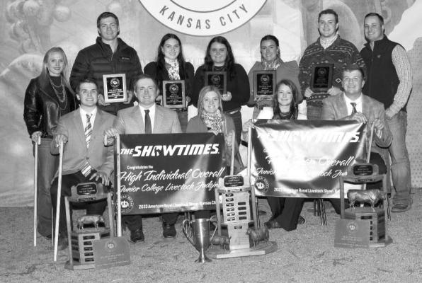 Blinn College had the top team in the junior college division at the American Royal Livestock Judging Contest in Kansas City. Pictured are (front, from left) Steele Kenney, Blane Warnken (ninth place individual), Kinsey Gardner (high individual), Devyn Gaff (sixth place individual), and Dax DeLozier; and (back, from left) coach Adrian Austin, Weston Hinze, Cassie Jo Bennett, Tanna Thiel, Holly Alderson, Bryson Stone, and coach Quest Newberry.