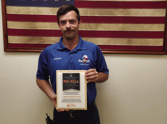 The Best Friends Network recognized Sealy animal control officer Cody Grisham for maintaining a no-kill kennel for 2024, in mid-July 2025. COURTESY PHOTO