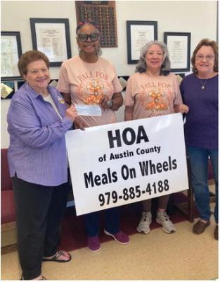 Recently Court Our Lady of Faith #2607 at St. Mary’s in Frydek presented a check to the Meals on Wheels in Sealy and Austin County. Their organization provides meals to many individuals in the area. We thank you for looking over all of them. Pictured below are, left to right, Regent Doris Sodolak, Cookie Curry and Ramona Banegas with the Meals on Wheels and Treasurer Cathy Ondruch. COURTESY PHOTO
