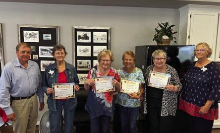Right to Left: Commissioner Bobby Rinn, Betty Lehmann (20 years), Delores Koehn (20 years), Mary Smentek (20 years), Betty Thiel (20 years) and District 11 Chair – Knellen Quinteros.