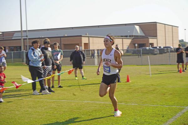 Sealy’s Gavin Almaguer once again led the pack for the Tigers at the District Cross Country meet held last Tuesday at Sealy High School. Almaguer finished with a personal best time of 16.11. Photo by Wilson Chaney