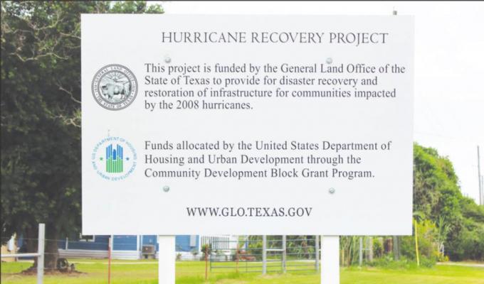 The Hurricane Recovery Project Sign located at the intersection of FM 1458 and Sealy Road displays the aim of the project in San Felipe. HANS LAMMEMAN
