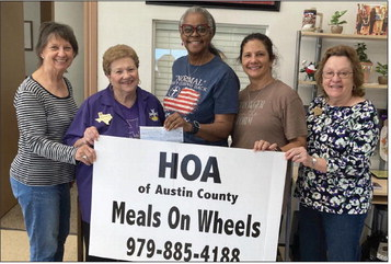 Frydek Catholic Daughters making a donation to the Meals on Wheels, HOA of Austin County. From left are Board Chair Carolyn Bilski, Regent Doris Sodolak, Cookie Curry, Sharon Krenek &amp; Recording Secretary Cathy Ondruch.