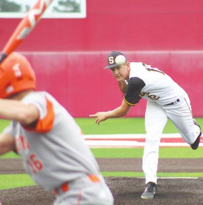 Sealy senior Rhys Reichardt fires a pitch during the Tigers’ area round playoff series against the Orangefield Bobcats at Crosby High School May 13. Reichardt was named the District 24-4A defensive MVP. COLE McNANNA