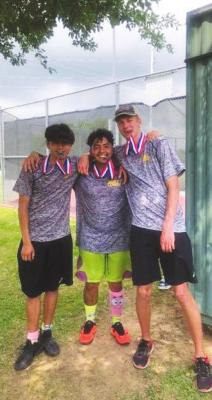 Norman Juarez, Carlos Godoy and Cameron Eschenburg punched a ticket to the Region III Championship after runners-up finishes at the District 24-4A Championship in Bellville last week. CONTRIBUTED PHOTO