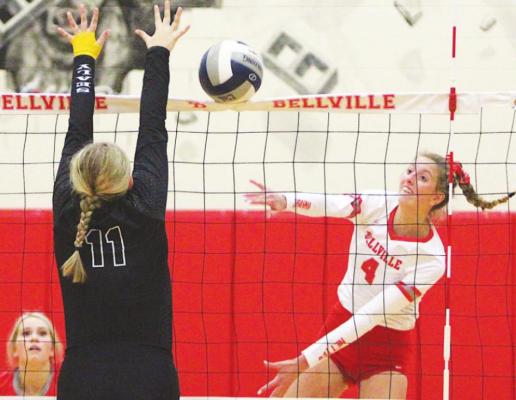 COLE McNANNA Bellville senior Lexi Higgins (4) delivers a spike over the net during the Brahmanettes’ district match against Sealy at home Oct. 15. Higgins was named to the all-tournament team for her efforts in the state tournament in Garland.