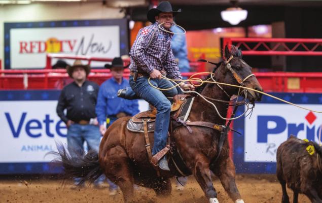 Bellville’s Caleb Smidt dismounts his horse Pockets during the tie-down roping event at the American Rodeo Semi-Finals in Fort Worth earlier this month. Smidt was crowned the semi-final champion with an aggregate time of 16.05 seconds on two. JACK LINK, THE AMERICAN RODEO/RURAL MEDIA GROUP