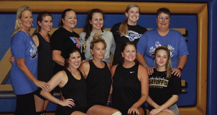 Members of the Faith Academy alumini that played in the contest against current players were, left to right, back: Coach Beth Keaton, Brenna Byler Smidt, Terri Ueckert Maresh, Amanda Allard, Alex Newcomb, Coach Ginger Barrett. Front row, Lynette Byler Parrott, Cara Ueckert Rathbone, Kate Ueckert Carter, Ella Polston