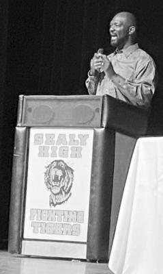 Coach Giles Montgomery was the guest speaker for the ceremony that saw 46 new members inducted into Sealy High School’s chapter of the National Honor Society last Wednesday, Oct. 20, in the Thomas E. Golson Auditroium.